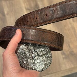 Brown Leather BELT Silver Western Oval Hook Buckle Cowboy Cowgirl,  Fits  28-34”